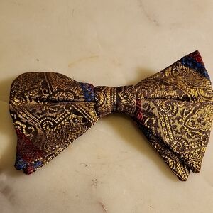 Vintage Royal Rust Resistant Gold, Red, And Blue Paisley Clip On Bowtie